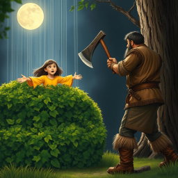A dramatic scene where a girl named Lily, wearing a vibrant yellow dress, leaps out from behind a lush green bush with her arms stretched out in a protective gesture