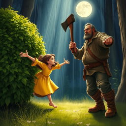 A dramatic scene where a girl named Lily, wearing a vibrant yellow dress, leaps out from behind a lush green bush with her arms stretched out in a protective gesture