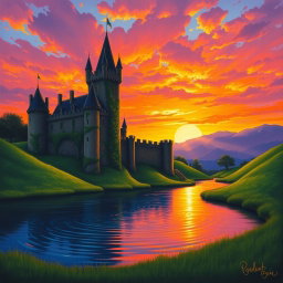 A medieval castle silhouetted against a vibrant sunset, with rich hues of orange, pink, and purple filling the sky