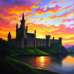 A medieval castle silhouetted against a vibrant sunset, with rich hues of orange, pink, and purple filling the sky