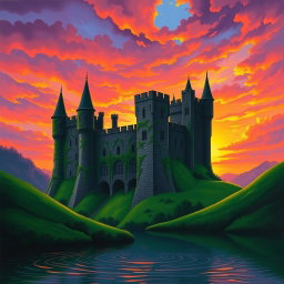 A medieval castle silhouetted against a vibrant sunset, with rich hues of orange, pink, and purple filling the sky