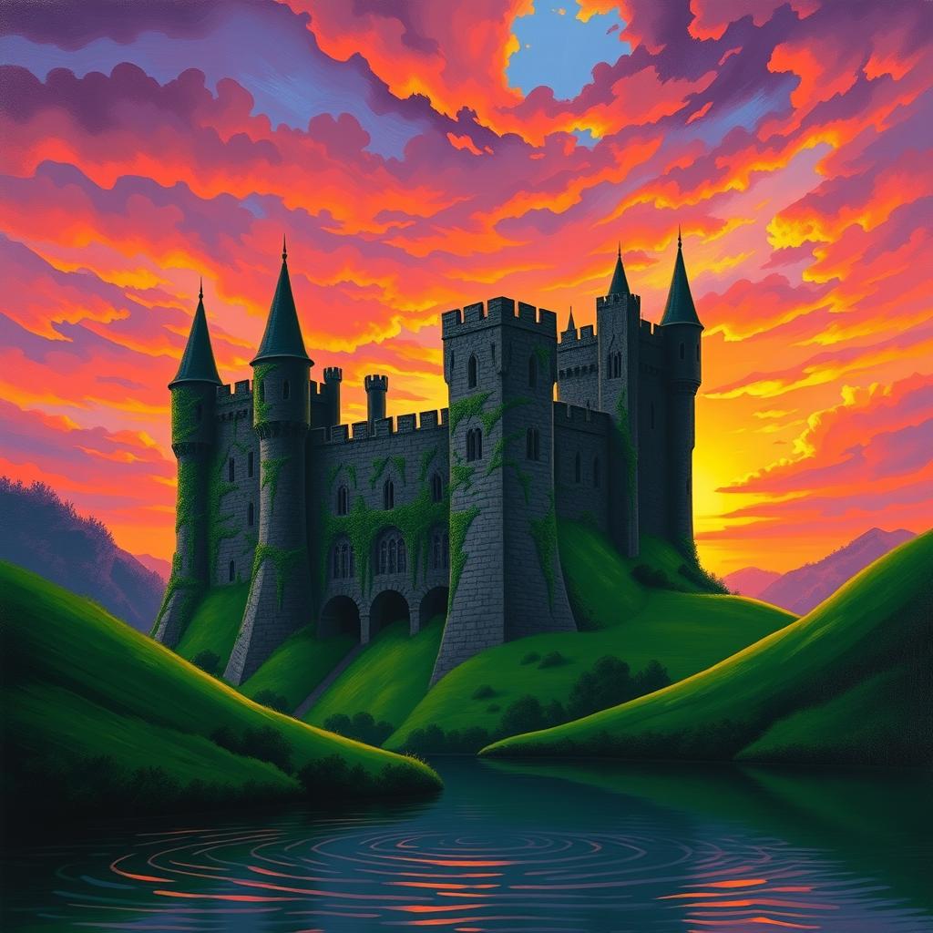 A medieval castle silhouetted against a vibrant sunset, with rich hues of orange, pink, and purple filling the sky