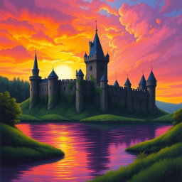 A medieval castle silhouetted against a vibrant sunset, with rich hues of orange, pink, and purple filling the sky
