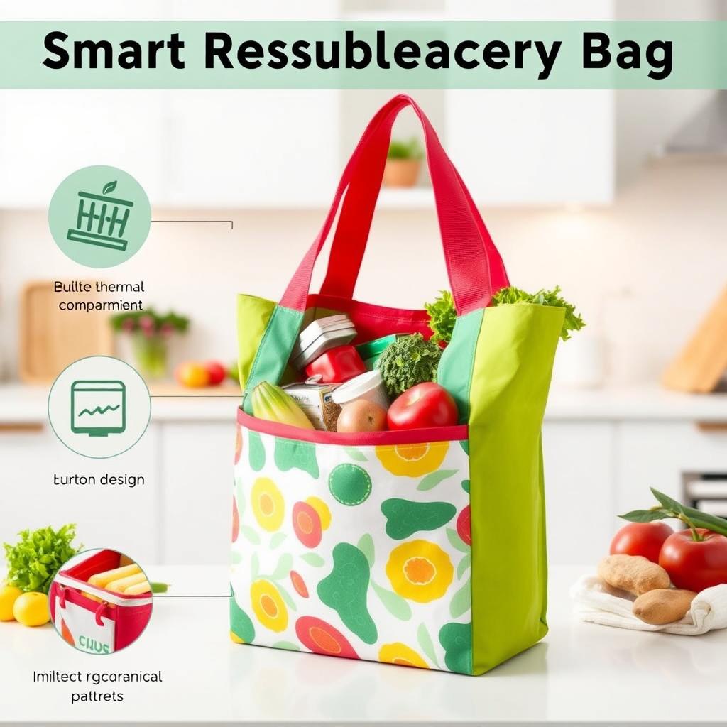 A stylish and practical smart reusable grocery bag, showcasing innovative features like a built-in thermal compartment for hot and cold items, an ergonomic design, and eco-friendly material