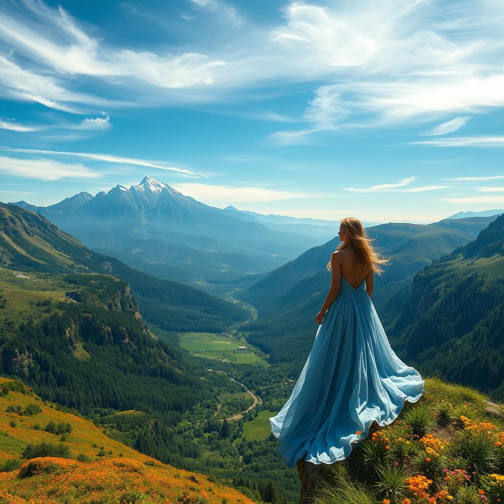 A majestic landscape featuring a stunning mountain range under a clear blue sky, with wispy clouds drifting above