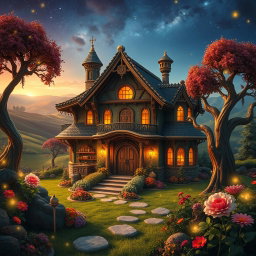 A fantastical scene depicting a mystical house inhabited by giants, designed with oversized furniture and large, whimsical decor