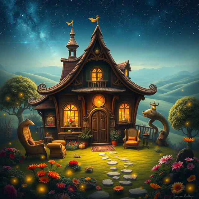 A fantastical scene depicting a mystical house inhabited by giants, designed with oversized furniture and large, whimsical decor