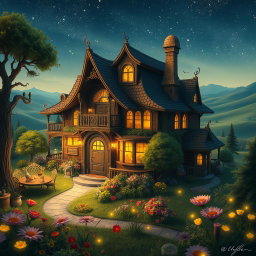 A fantastical scene depicting a mystical house inhabited by giants, designed with oversized furniture and large, whimsical decor