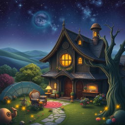 A fantastical scene depicting a mystical house inhabited by giants, designed with oversized furniture and large, whimsical decor