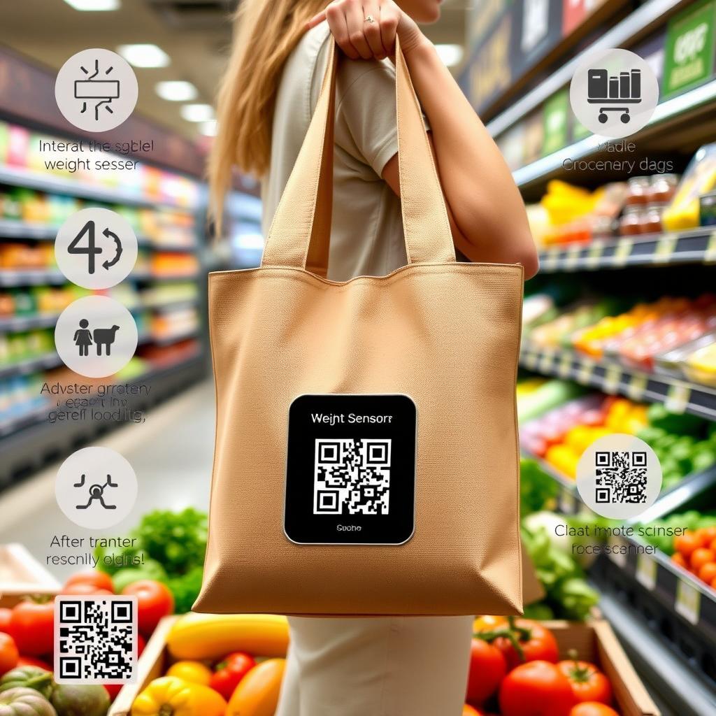A smart reusable grocery bag designed with a sleek and modern look, featuring an integrated reminder system displayed on a small digital screen