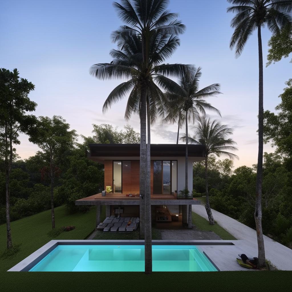 Design a two-story modern minimalist villa on a 100 square meter plot near Panai. Features include an infinity pool, a rooftop open-space relaxation area, a living room for socializing, a car port on the first floor, and a bathroom on each floor with two bedrooms.