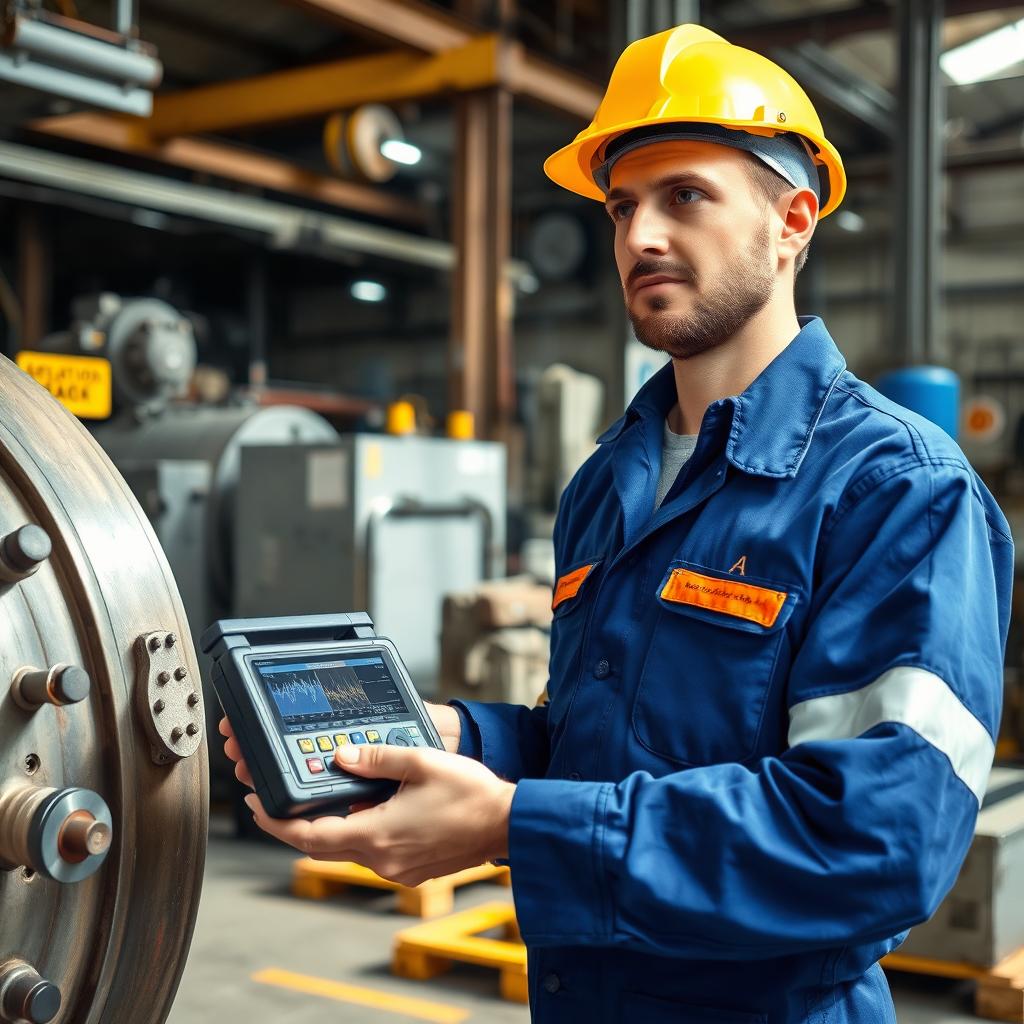 A technician conducting vibration analysis using a portable instrument in an industrial setting