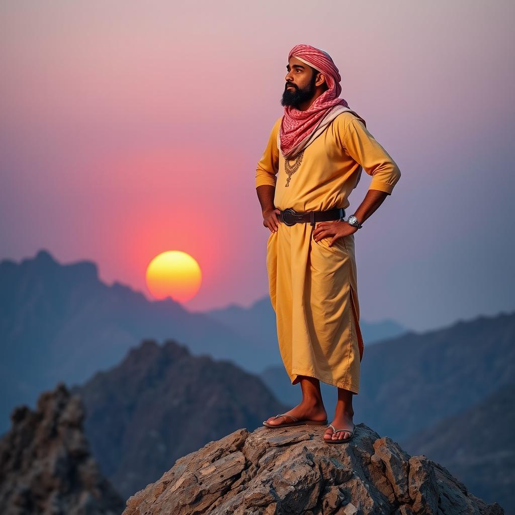 An Omani man depicted as a hero, wearing traditional Omani clothing including a dishdasha and a kumma