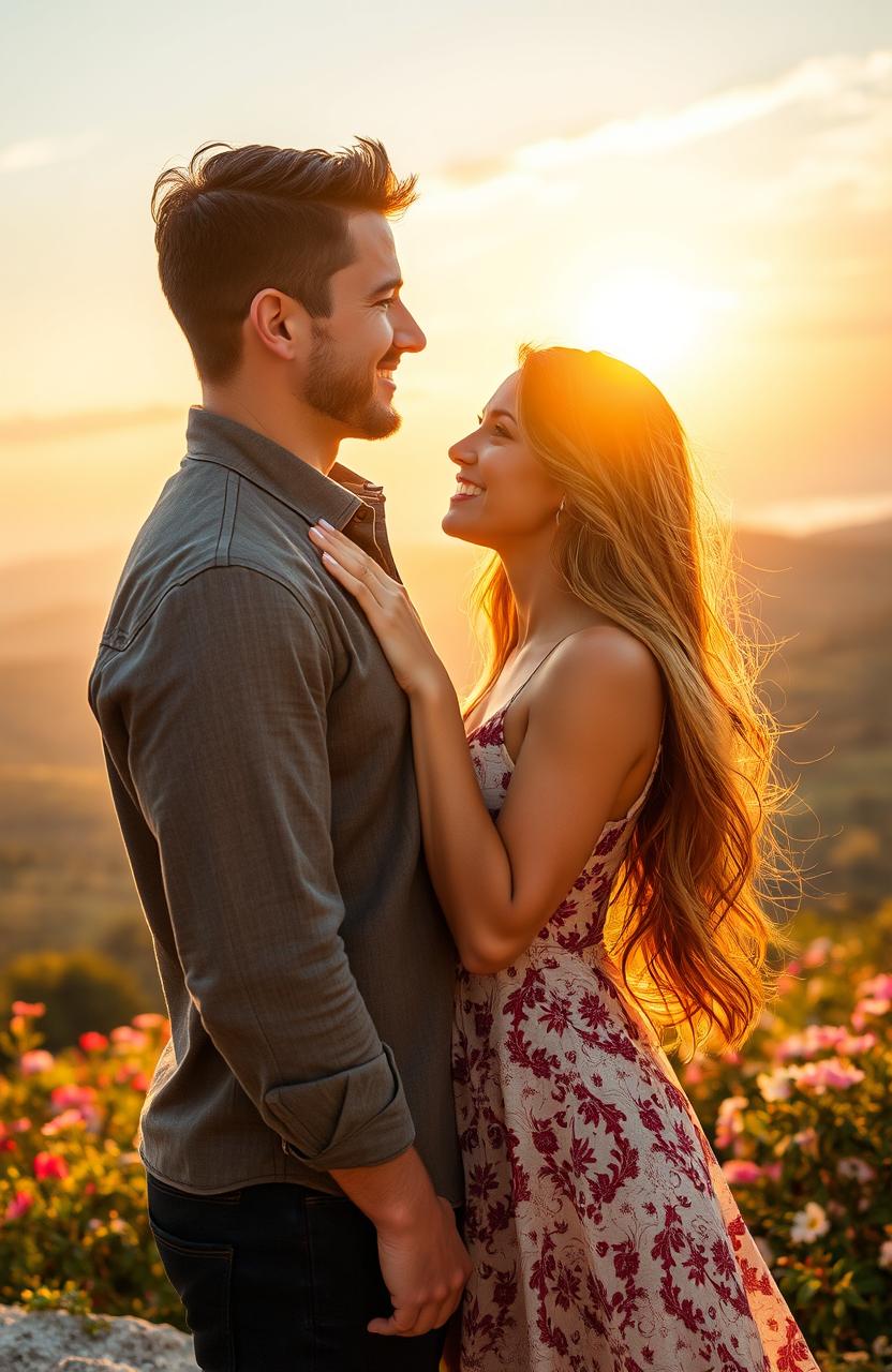 A captivating scene of a romantic couple, both handsome and attractive, standing close together in a beautiful outdoor setting