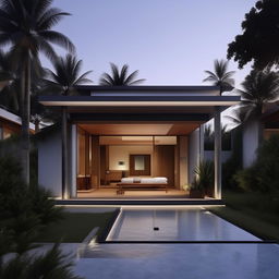 Design a two-story modern minimalist villa on a 100 square meter plot near Panai. Features include an infinity pool, a rooftop open-space relaxation area, a living room for socializing, a car port on the first floor, and a bathroom on each floor with two bedrooms.