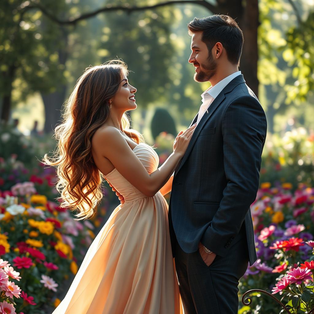 A stunning depiction of a romantic couple, both incredibly handsome, embracing each other in a lush garden filled with colorful flowers