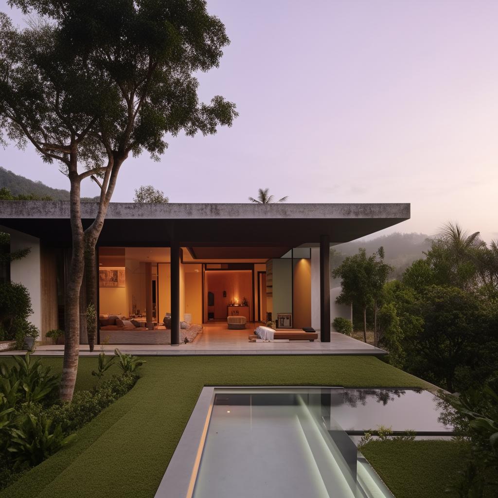 Design a two-story modern minimalist villa on a 100 square meter plot near Panai. Features include an infinity pool, a rooftop open-space relaxation area, a living room for socializing, a car port on the first floor, and a bathroom on each floor with two bedrooms.