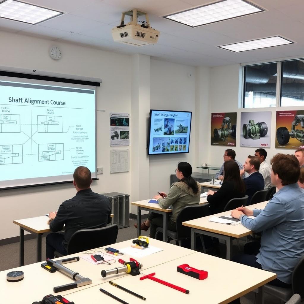 A classroom setting specifically designed for a shaft alignment course, featuring a large whiteboard with diagrams of shaft alignment techniques, various measuring tools and equipment laid out on tables, a projector screen displaying technical slides, and students actively engaged in a discussion