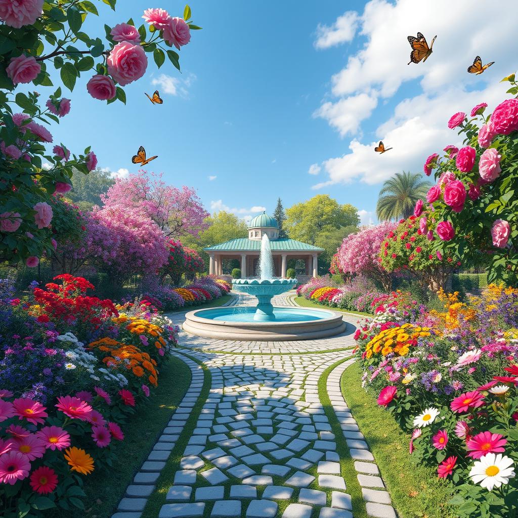 A lush and colorful garden, inspired by the Persian concept of 'Golestan,' featuring vibrant flowers in full bloom, intricate pathways lined with cobblestones, a beautiful water fountain in the center, and a serene blue sky overhead