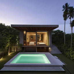 Design a two-story modern minimalist villa on a 100 square meter plot near Panai. Features include an infinity pool, a rooftop open-space relaxation area, a living room for socializing, a car port on the first floor, and a bathroom on each floor with two bedrooms.