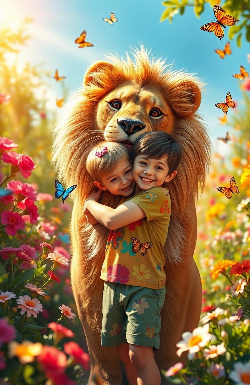 A young boy in a vibrant, sunlit garden, joyfully embracing a large, majestic lion that resembles his beloved cat who passed away