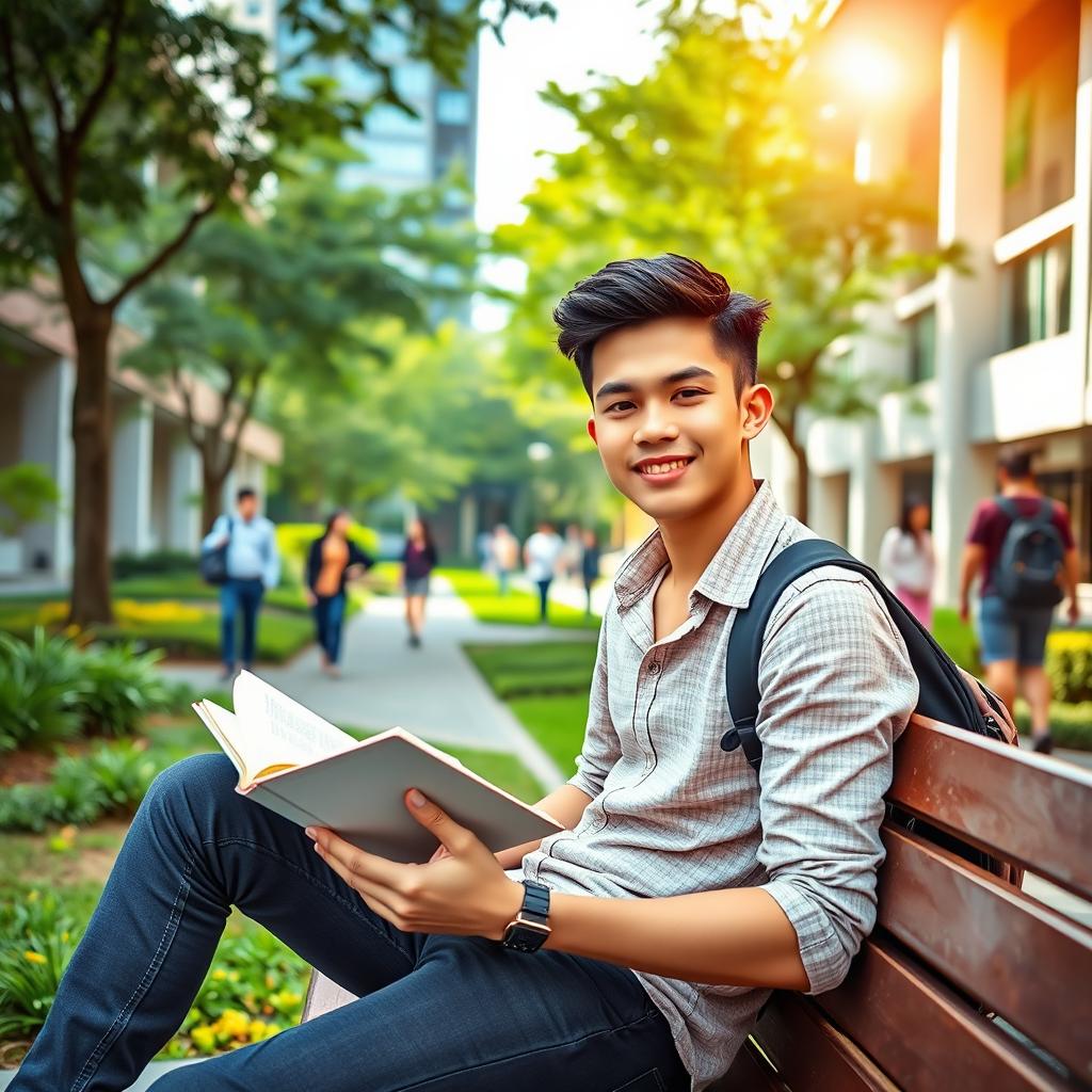 A handsome young male university student (mahasiswa tampan) sitting on a campus bench, wearing stylish casual attire