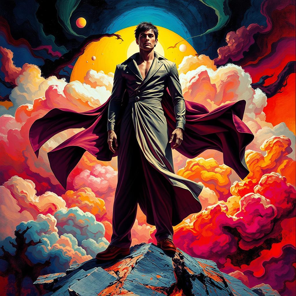 A dramatic and surreal composition featuring a powerful figure standing amidst swirling clouds and vivid colors, channeling the essence of Roberto Longo's distinctive style