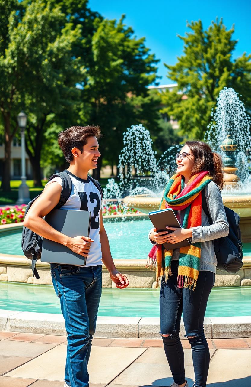 A scene depicting male and female university students interacting in a vibrant campus setting