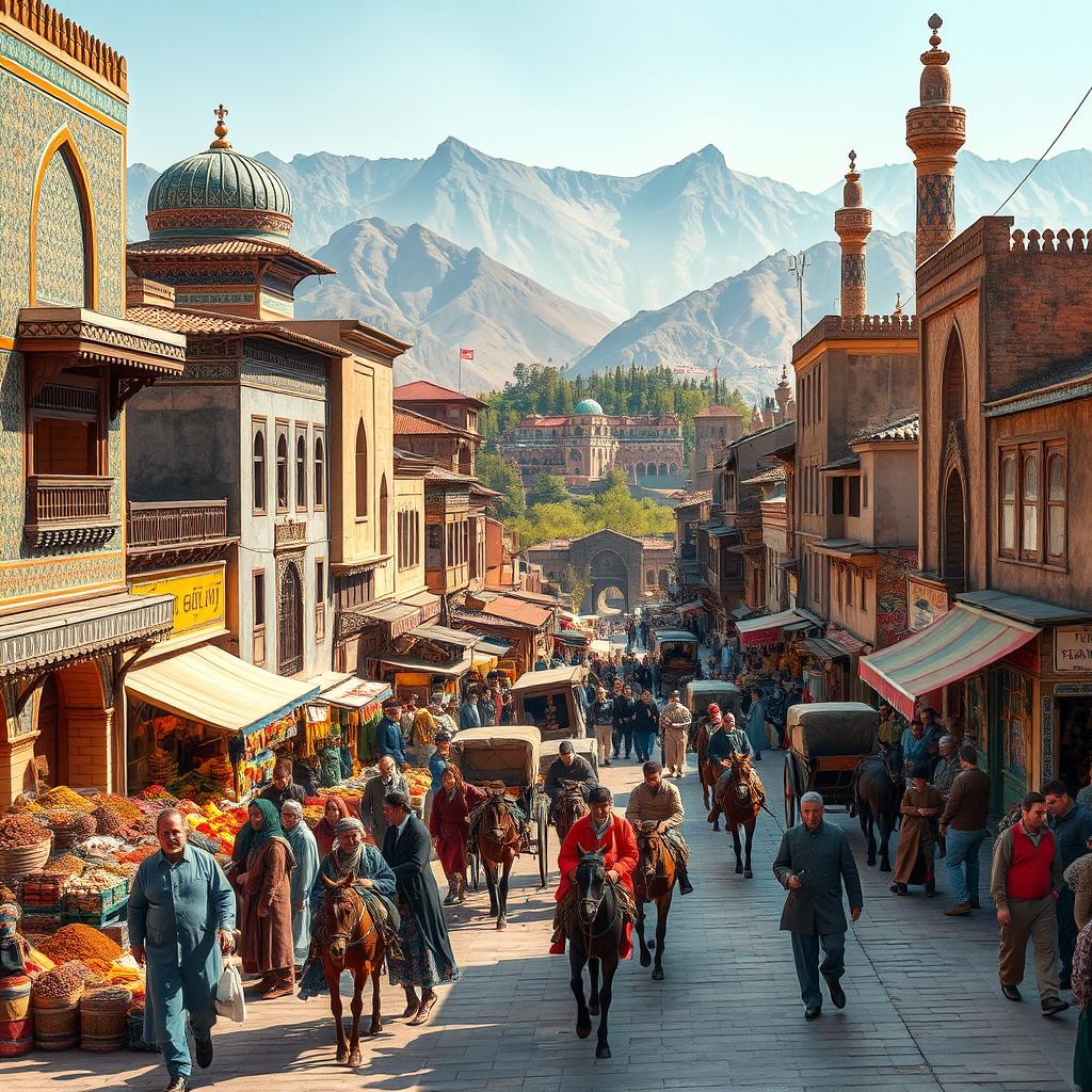 A historical scene depicting Tehran 400 years ago, showcasing traditional Persian architecture with intricate tile work, bustling bazaars filled with merchants selling spices and textiles, men and women in colorful 17th-century Persian attire, and a backdrop of the Alborz mountains