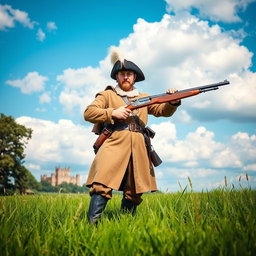 A medieval musketeer standing heroically in a lush green field