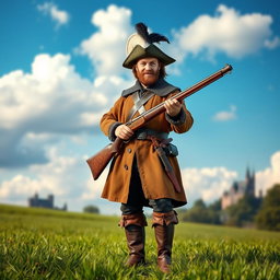 A medieval musketeer standing heroically in a lush green field