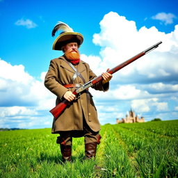 A medieval musketeer standing heroically in a lush green field
