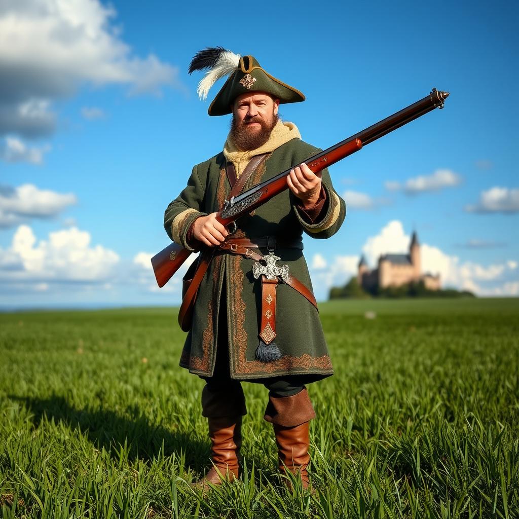 A medieval musketeer standing heroically in a lush green field