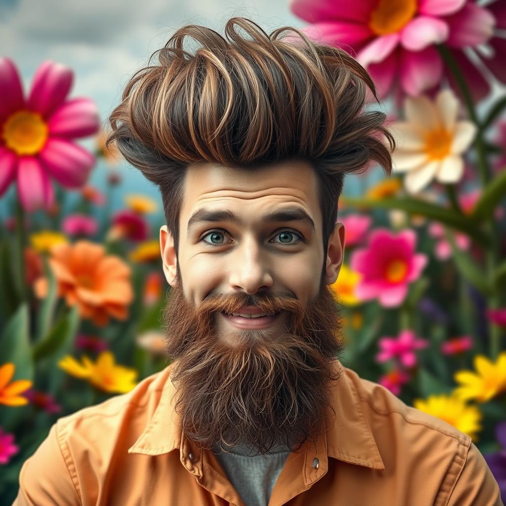 A surreal and whimsical portrait of a man with a full, bushy beard styled dramatically on top of his head instead of on his face