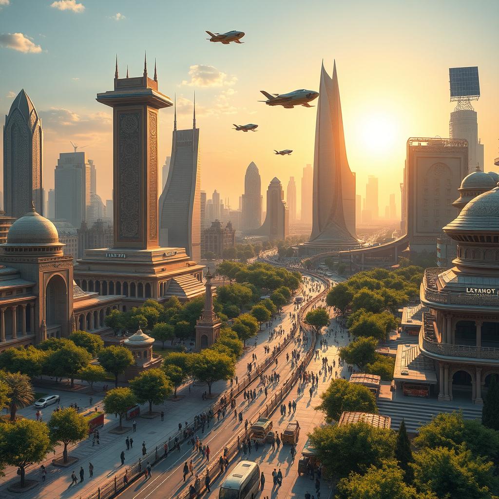 A futuristic cityscape of Tehran in the year 1440, showcasing advanced architecture and technology, blending traditional Persian elements with modern designs