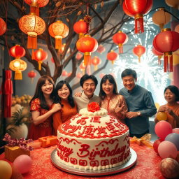 A beautiful and festive scene depicting a traditional Chinese birthday celebration