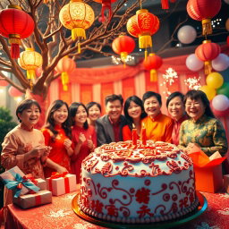 A beautiful and festive scene depicting a traditional Chinese birthday celebration