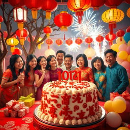A beautiful and festive scene depicting a traditional Chinese birthday celebration