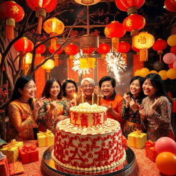 A beautiful and festive scene depicting a traditional Chinese birthday celebration