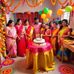 A lively and colorful scene showcasing a traditional Indian birthday celebration