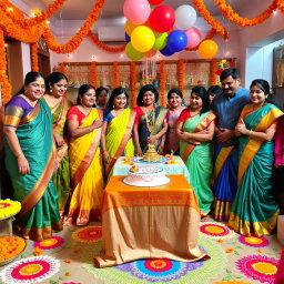 A lively and colorful scene showcasing a traditional Indian birthday celebration