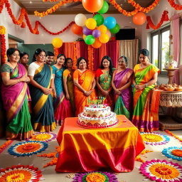 A lively and colorful scene showcasing a traditional Indian birthday celebration