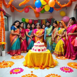 A lively and colorful scene showcasing a traditional Indian birthday celebration