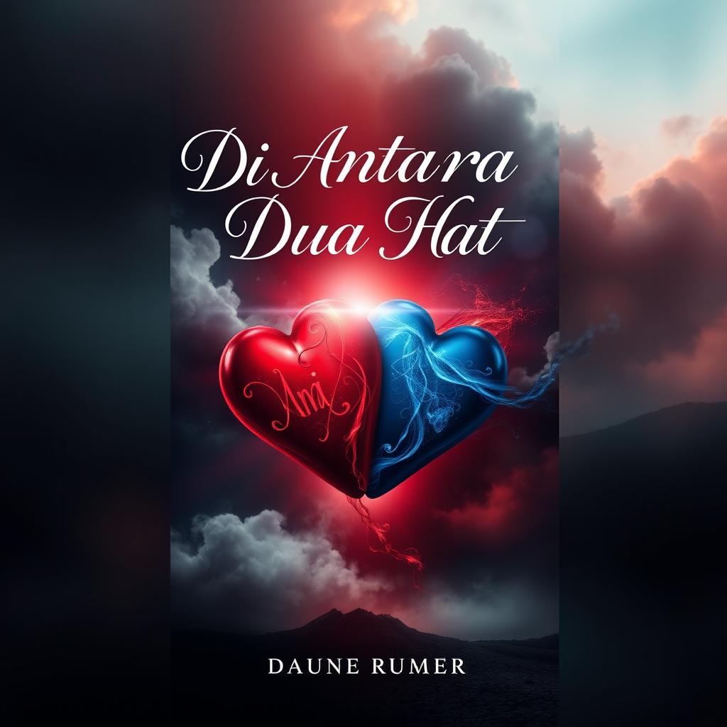A captivating novel cover design for the title 'Di Antara Dua Hat'