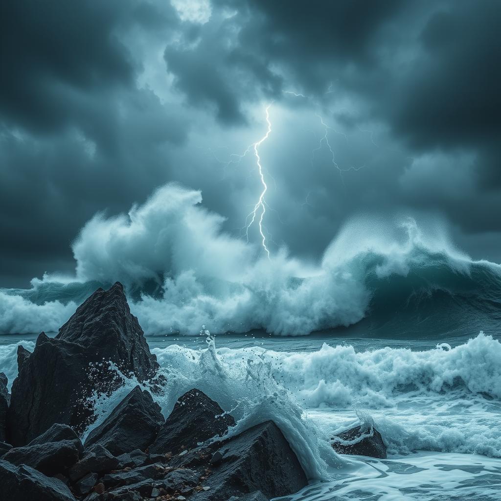 A dramatic and powerful image of a stormy sea, with towering waves crashing against the shore