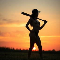 A beautiful adult woman standing confidently, completely nude, while holding a baseball bat