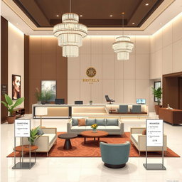 An illustration of a luxurious hotel front office and lobby designed on an Oslo paper