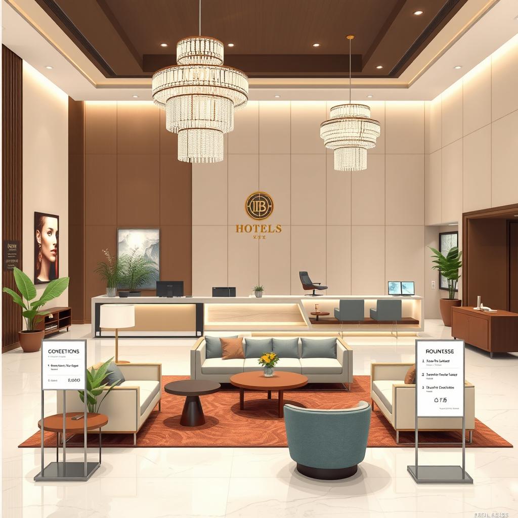 An illustration of a luxurious hotel front office and lobby designed on an Oslo paper