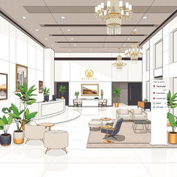 An illustration of a luxurious hotel front office and lobby designed on an Oslo paper