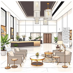 An illustration of a luxurious hotel front office and lobby designed on an Oslo paper